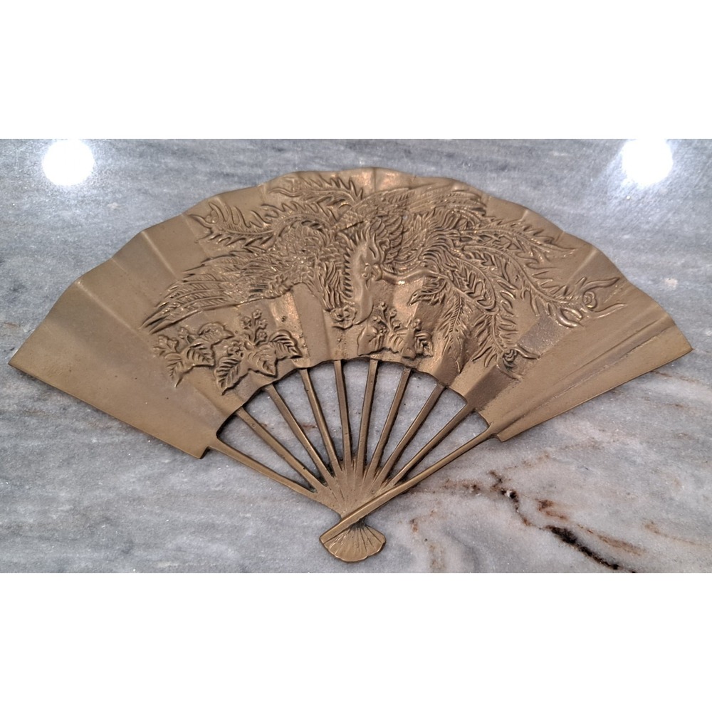 VTG Brass Embossed Hanging Decorative Fan 11.5" Wide Asian Bird Design
